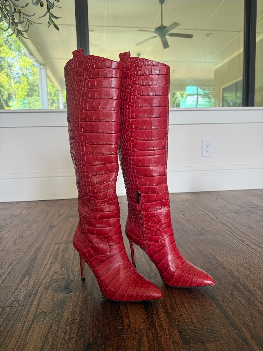 Vince Camuto Red Croc-Embossed Pointed-Toe Knee Boots